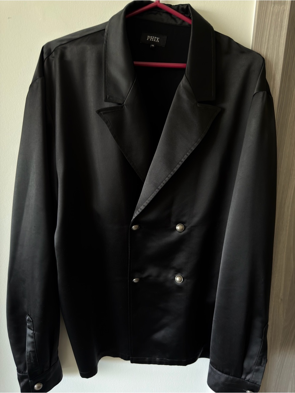 Black Satin Double-Breasted Dress Shirt